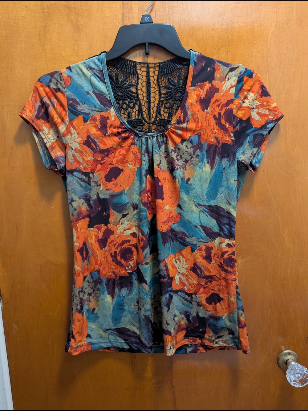 Carole Little Orange Teal Floral Short Sleeve Top with Lace Back